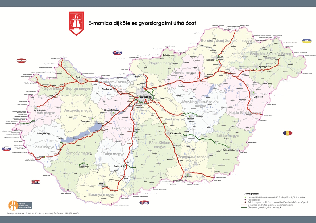 Mapa sieci dróg płatnych na Węgrzech