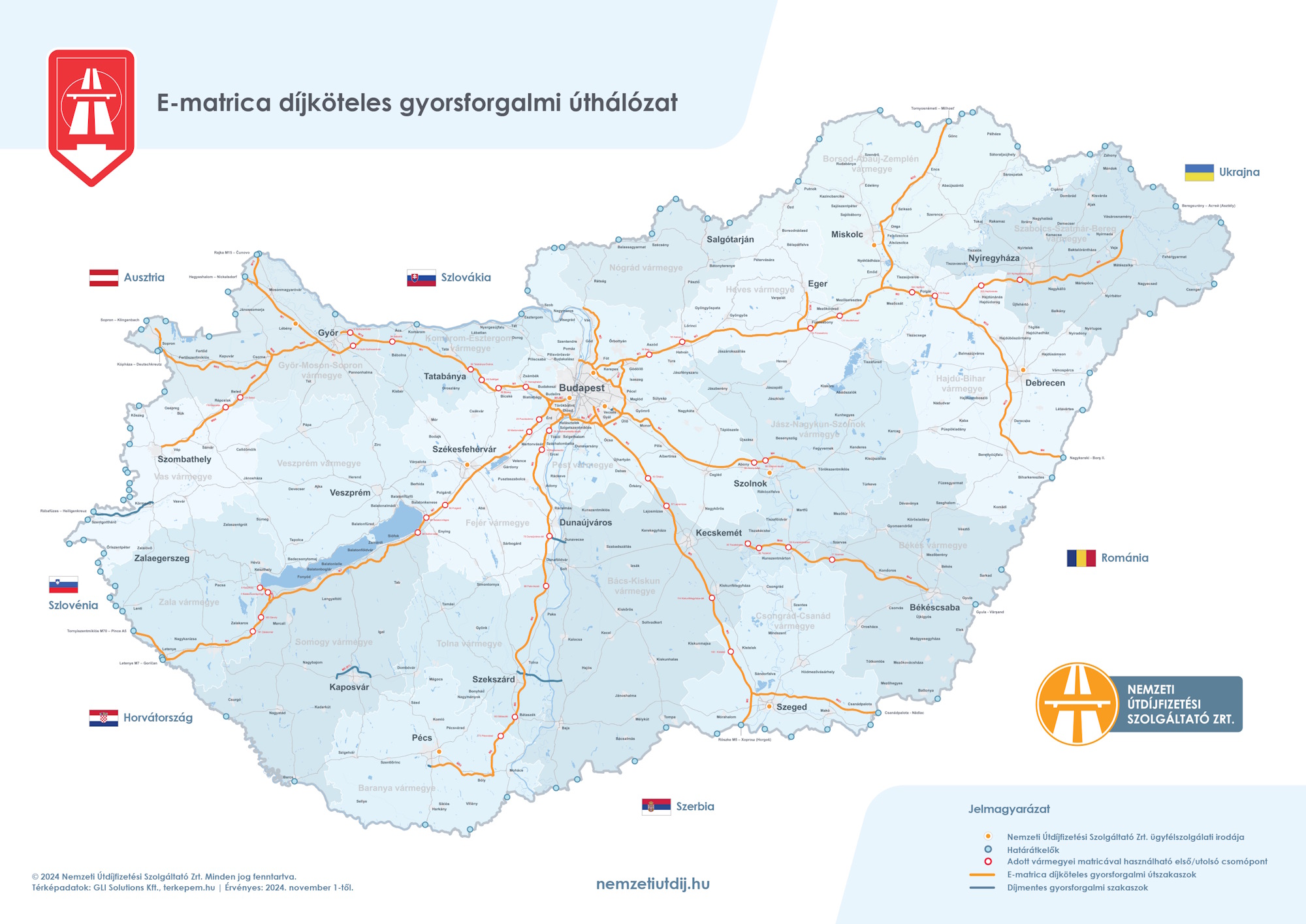 Mapa sieci dróg płatnych na Węgrzech